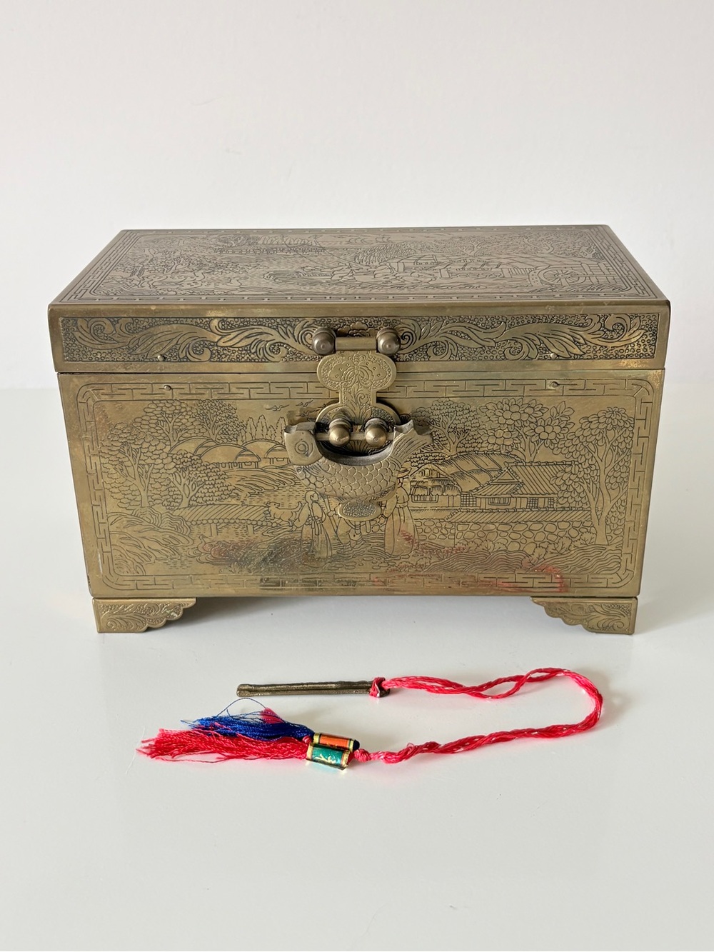 Vintage Brass Chinoiserie Jewelry Box  with Fish Lock and Key Heavy Engraved